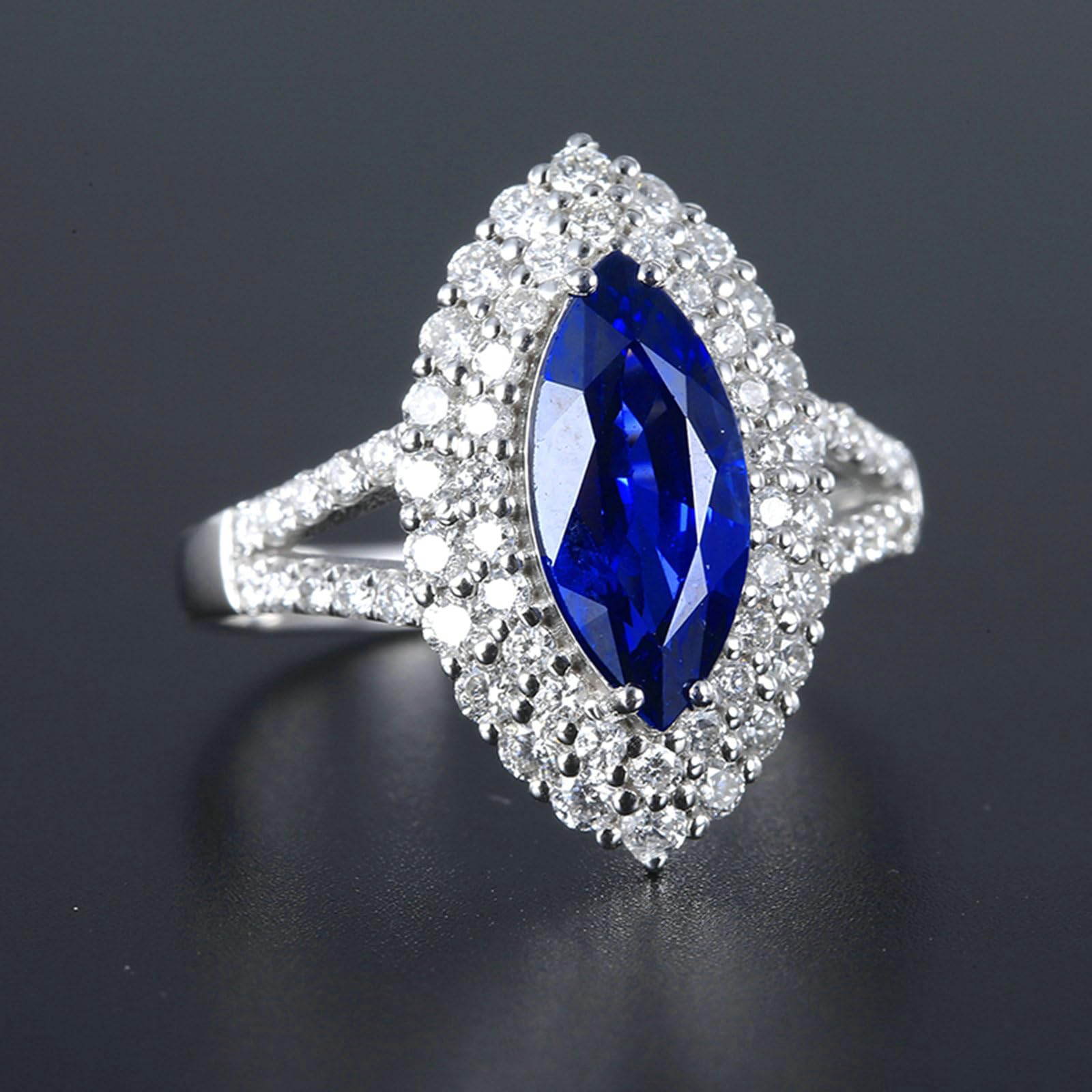 Anelli Donna in Argento 925, Anello Donna Fidanzamento Lusso Brillante Halo Zaffiro Blu Sintetico da 2.12ct e Moissanite da 0.86ct Anello per Fidanzata, Sposa Argento