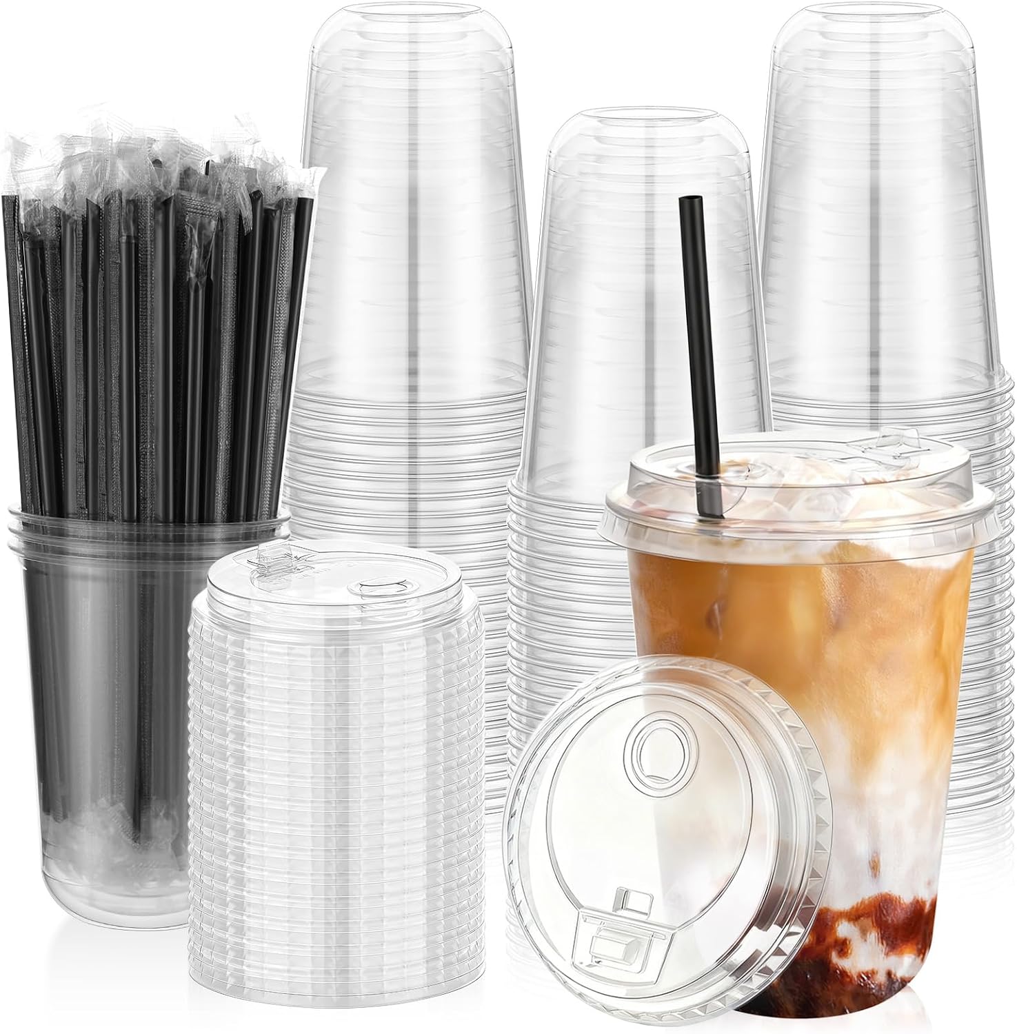 tchrules 100 Set 16oz Clear Plastic Cups with Elevated Dual-hole Lids & Straws, Disposable Round Bottom Iced Coffee Cups Bulk, Plastic To Go Cup for Cold Drinks Slushie Smoothie Party Picnic Supplies