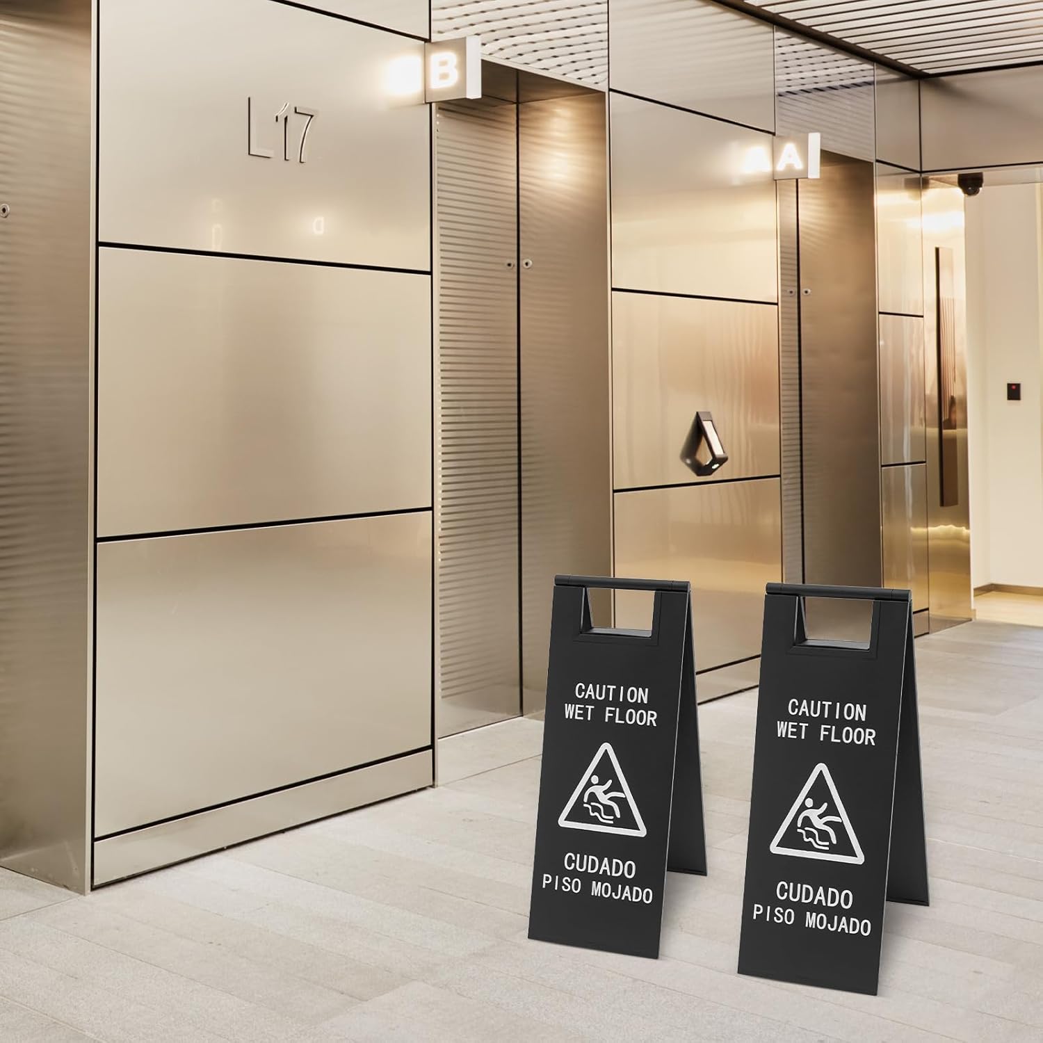 2-Pack Caution Wet Floor Sign, 24 Inch Stainless Steel Bilingual Caution Message Folding Safety Warning Signs for Commercial Use Shop Restaurant Hotel Supermarket