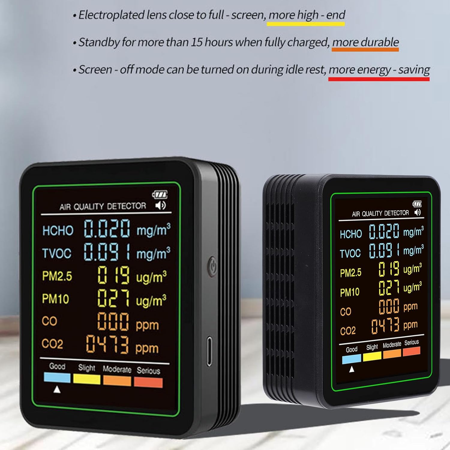 Indoor Air Quality Monitor, 6 in 1 CO CO2 TVOC HCHO PM2.5 PM10 Detection with Color LCD Screen for Home Indoor Air Tester