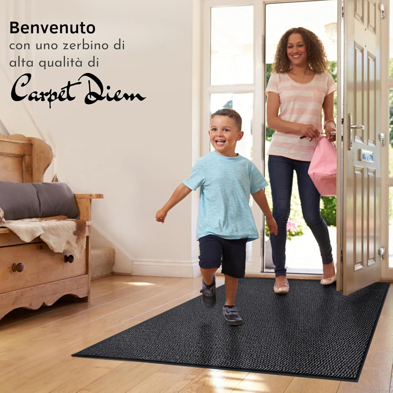 Carpet Diem Zerbino 40 x 60 cm - Tappeto ingresso antisporco - Interno ed Zerbino da Esterno, Tappetino antiscivolo per Porta, Tappeto antisporco per Porta d Ingresso - Nero-antracite