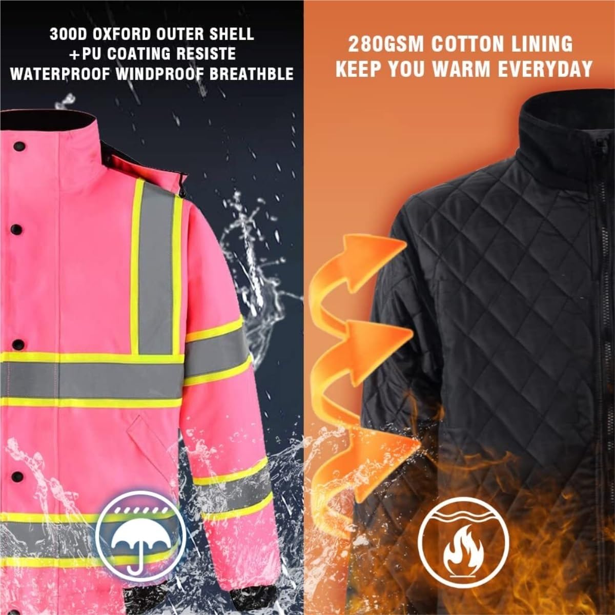 Chaleco Seguridad Chaqueta Acolchada For Hombre con Cinta Reflectante Y Cremallera Completa con Capucha Extraíble Reflectante Seguridad(XL)