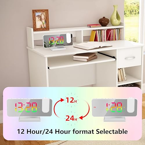 Miniatura 9 de Reloj despertador de proyección para techo de dormitorio, proyector giratorio de 180, espejo de 7.4 pulgadas, pantalla LED digital RGB de 1224