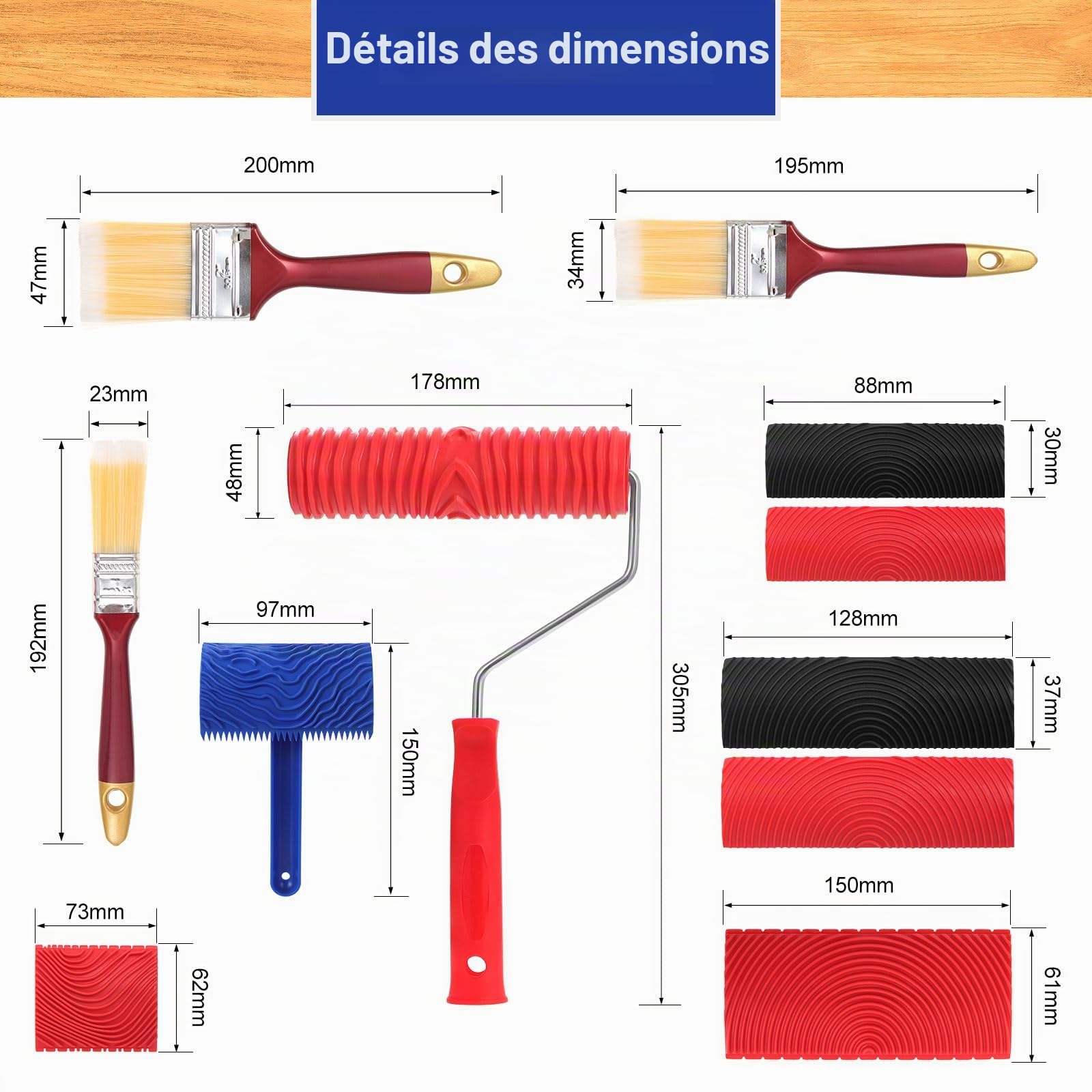 8PCS Outil de Grain de Bois en Caoutchouc et 3 Pinceaux de Peinture, Outils de Peinture pour Grain de Bois, Rouleau De Grain De Bois, Rouleaux de Peinture Imitation, Outils Motif Bois