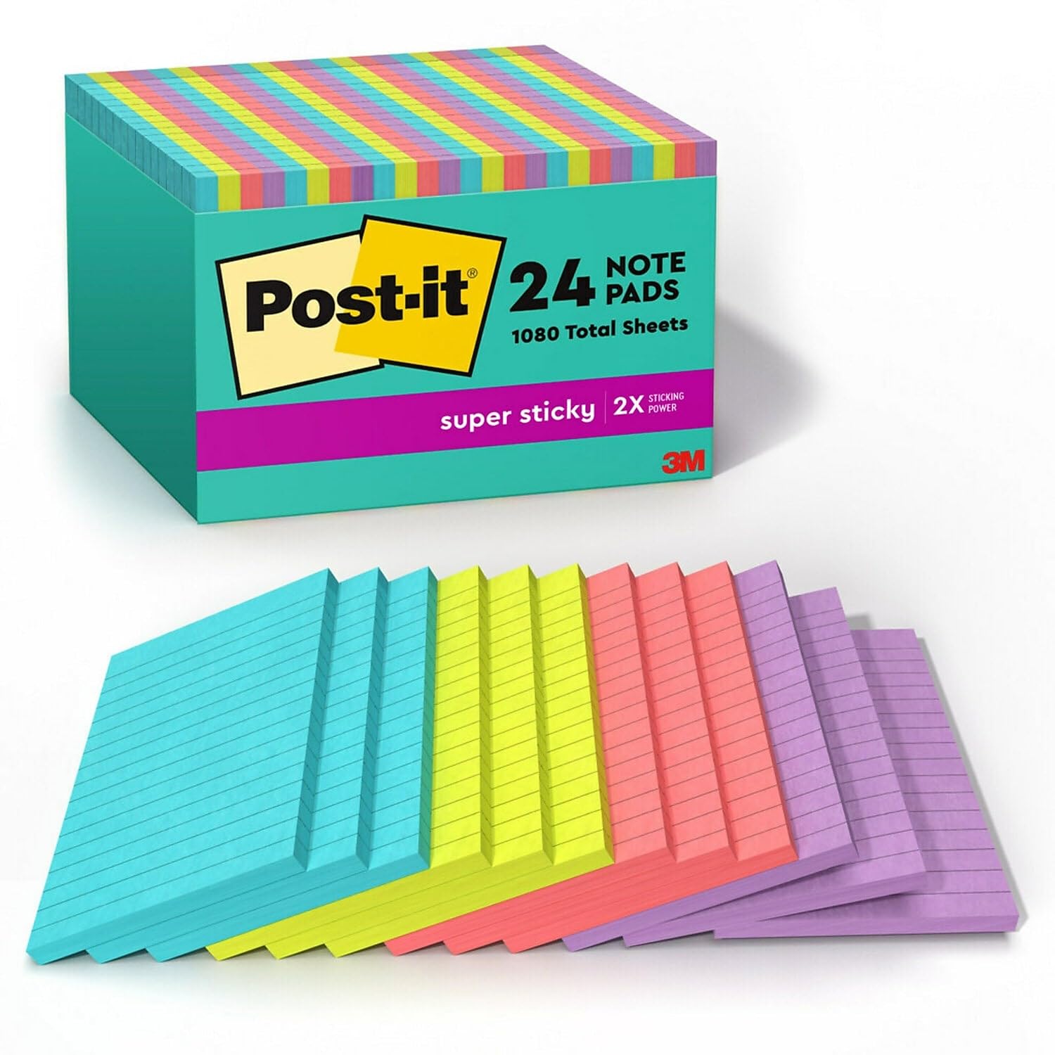 Post-it Super Sticky Notes, 4-inch x 6-inch, Supernova Neons Collection, Lined, 45 Sheet/Pad, 24 Pads/Pack (660-24SSMIA-CP)