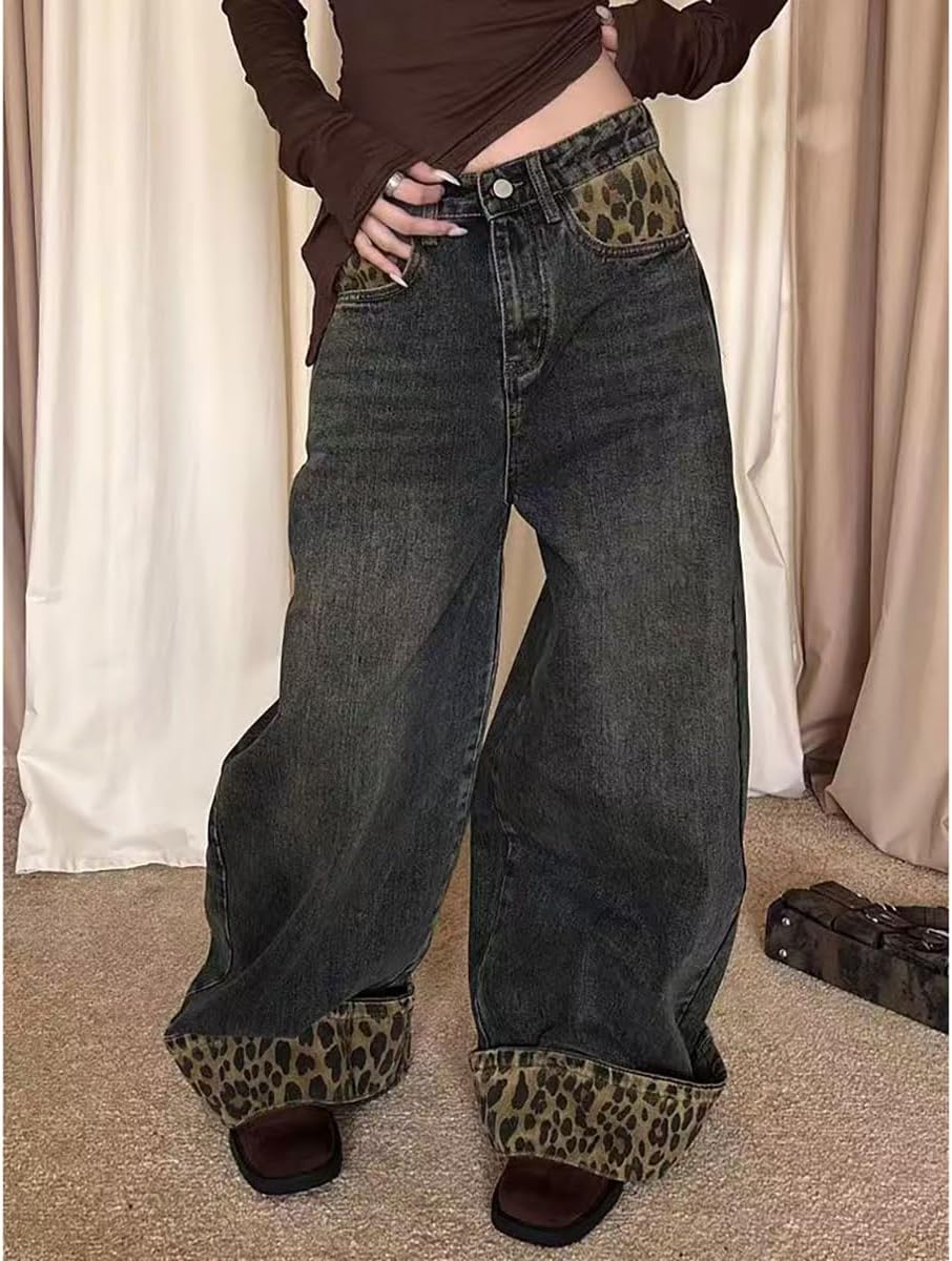 American Street Style Women's Retro Leopard Print Patchwork Jeans, Spicy Girl Street Loose Hip-hop Wide Leg Pants