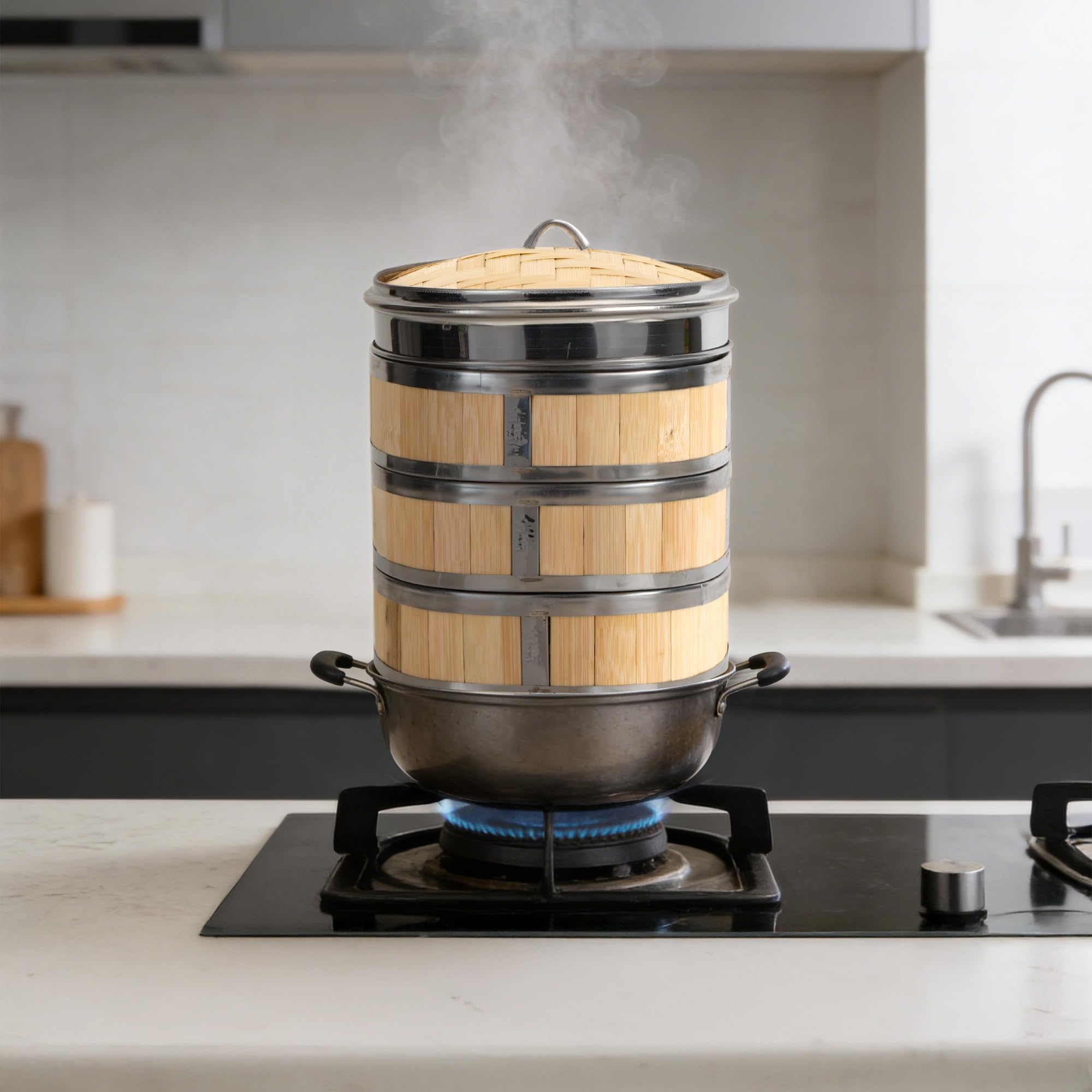 Vaporiera in bambù a 3 livelli da 20,3 cm, con coperchio