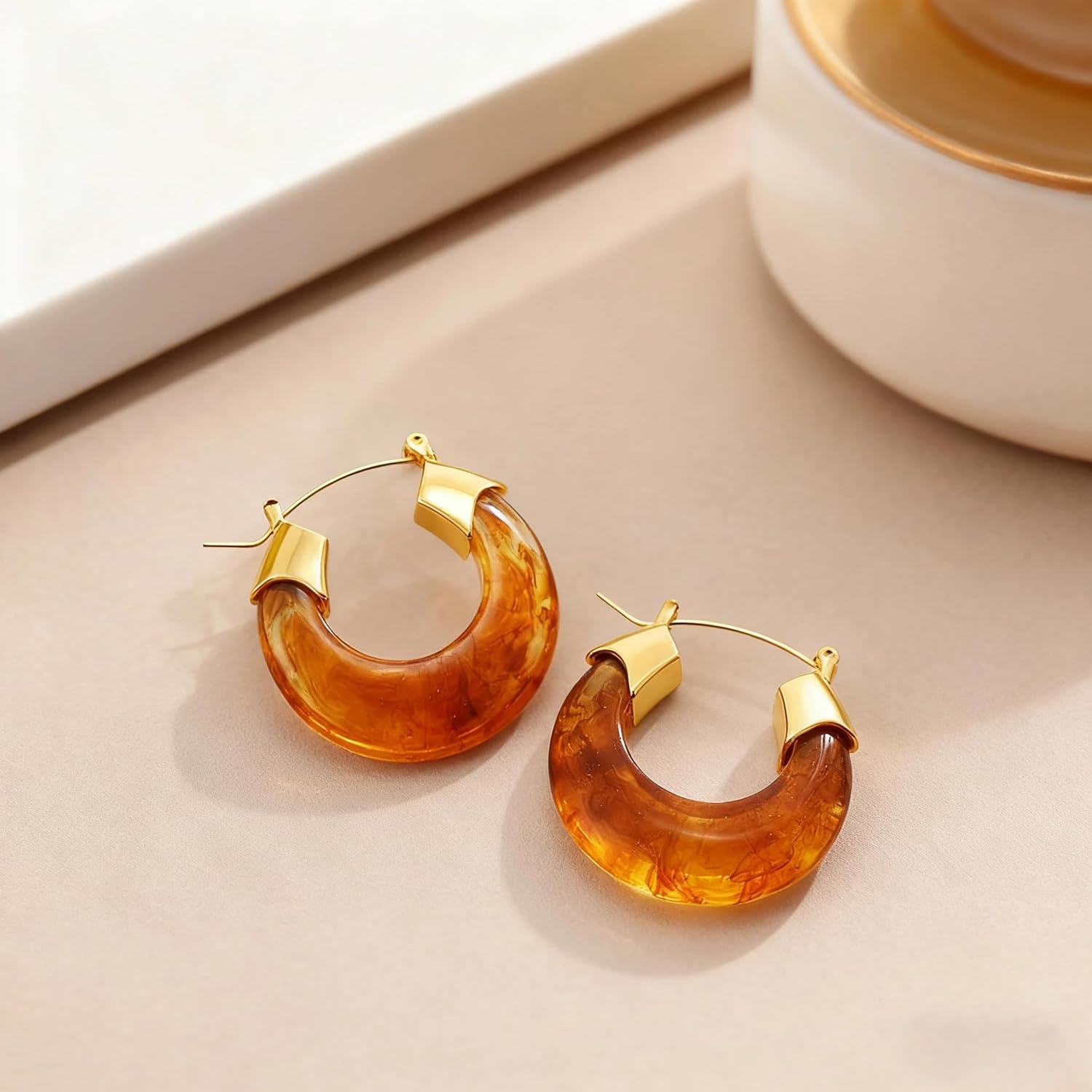 18K Gold Amber Resin U-Shaped Hoop Earrings for Women, Trendy Chunky Statement Huggie Earrings Fashion Jewelry Gift - Image 8