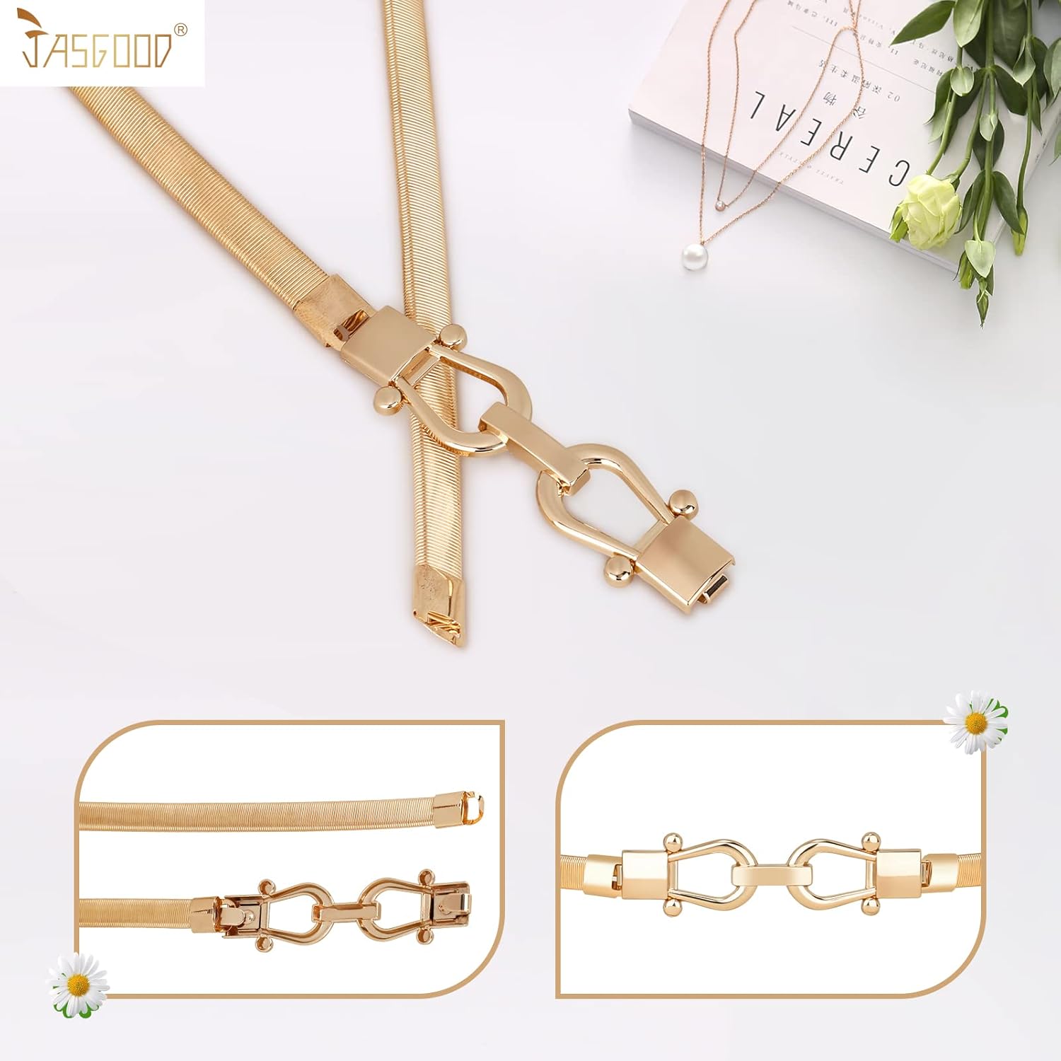 JASGOOD Skinny Metal Waist Belt for Dress Fashion Waistband Elastic Metal Chain Belt - Image 4