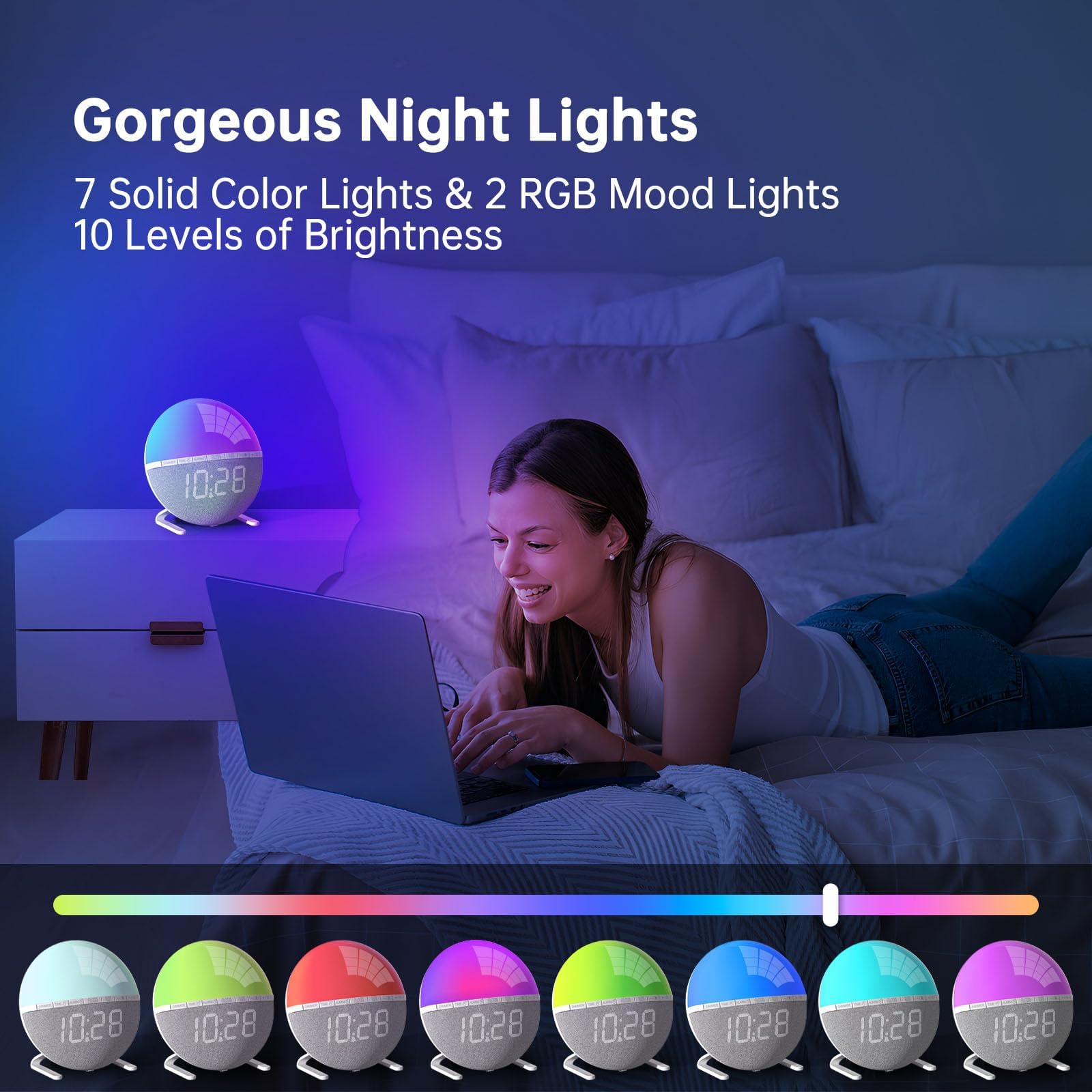 Zonsopgang wekker, weklicht met zonsopgangsimulatie, Bluetooth-luidspreker met verlichting, dimbare veelkleurige bedlampjes, geluidsmachine met witte ruis, snooze, timer, geschenken voor jongens en