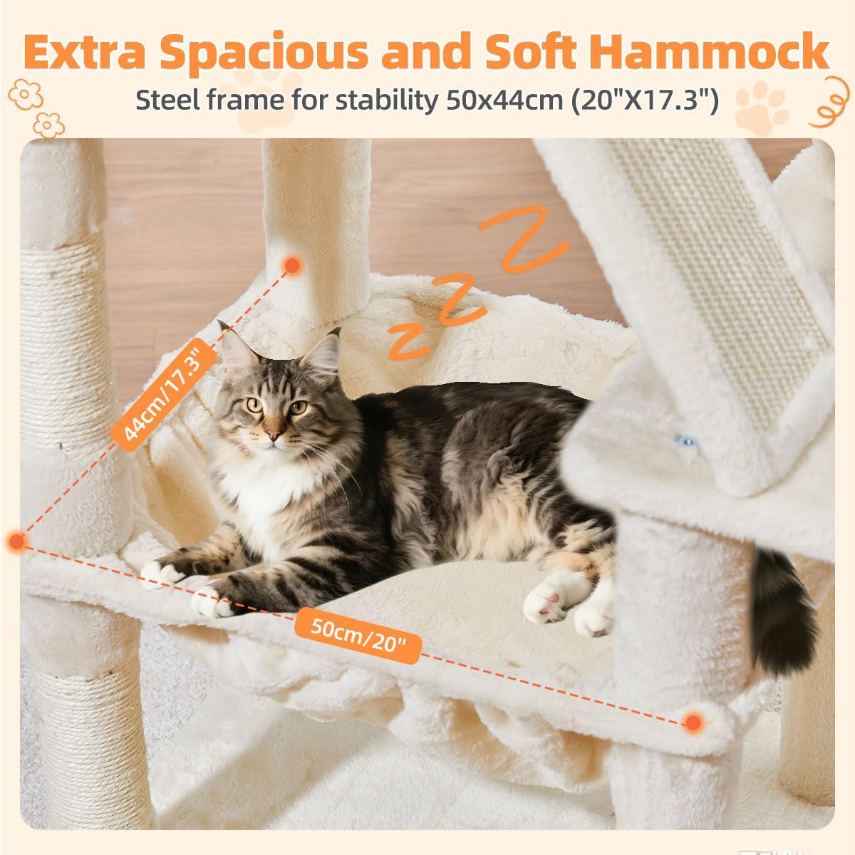 Taoqimiao Cat Tree 57.5-Inch, Cat Tower for Indoor Cats Large Adult, Extra Large Cat Condo, 8 Sisal Scratching Posts, Metal Frame Cozy Hammock, Durable Scratch Board, 2 Top Perches, Beige MS026M