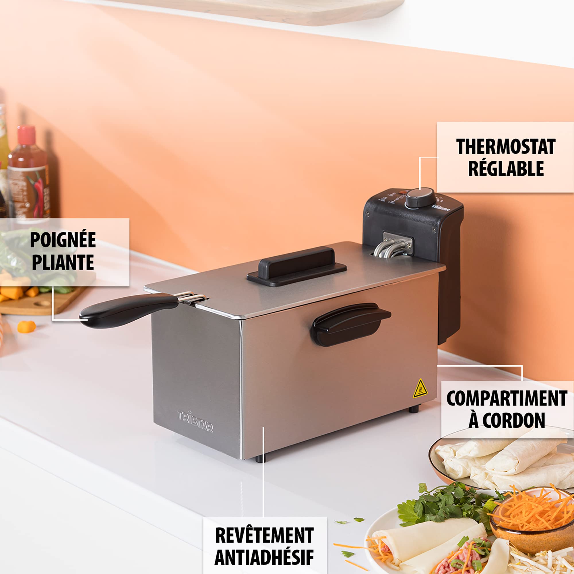 Tristar Friteuse, Capacité de 3L, 2000W, Thermostat Réglable (130-190°C), Protection Contre la Surchauffe, Pièces Lavables au Lave-vaisselle, Facile à Nettoyer, FR-6946