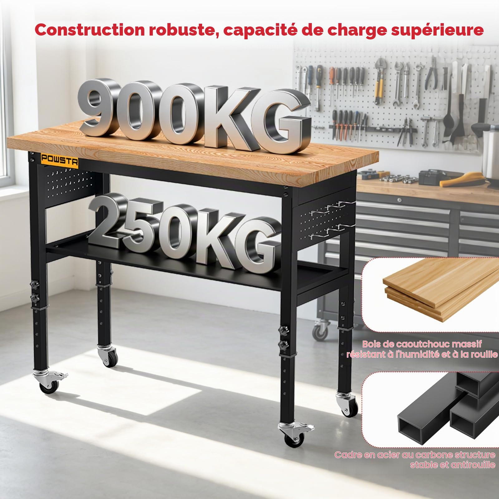 Établi Lourd de 120 cm, 5 Hauteurs Réglables, Charge 900 kg | Plateau en Bois d'Hévéa, Panneau Perforé Et Crochets, Établi Double Étage à Roulettes, pour Garage, Atelier, Bureau