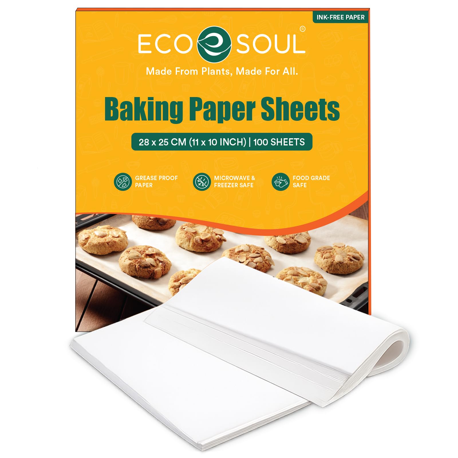 ECO SOUL | [100 Sheets, Pack of 1] Baking Paper Sheets |Non-Stick, Oil Proof Butter Roll for Baking | Food Safe | Chemical Free Parchment Paper for Air Fryer | Oven, and Microwave | Baking Essentials