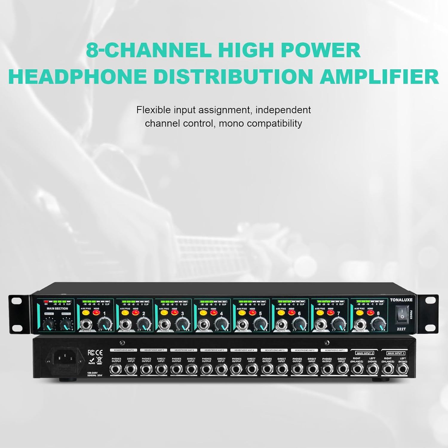 8-Channel Headphone Mixing Distribution Amplifier, Mountable High-Power Headphone Splitter Amp with Mono/Stereo Modes, 16 Headphone Outs, LED Meters for Studio & Live Sound Monitoring