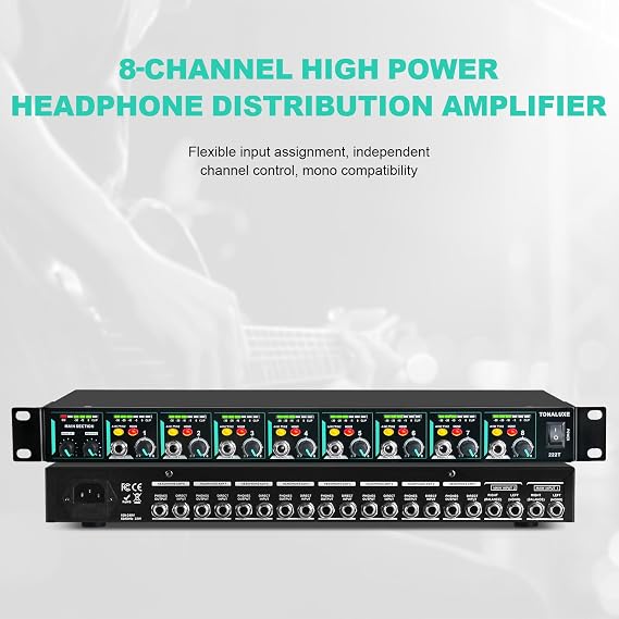8-Channel Headphone Mixing Distribution Amplifier, Mountable High-Power Headphone Splitter Amp with Mono/Stereo Modes, 16 Headphone Outs, LED Meters for Studio & Live Sound Monitoring