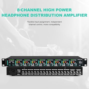 8-Channel Headphone Mixing Distribution Amplifier, Mountable High-Power Headphone Splitter Amp with Mono/Stereo Modes, 16 Headphone Outs, LED Meters for Studio & Live Sound Monitoring