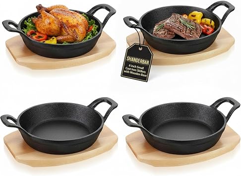 4 Sets Mini Cast Iron Skillets, 6.3 Inch Sizzling Plate with Wooden Base | Round Small Cast Iron Pan Fajita Plate Pot Set, Heavy Duty Cast-iron Cookware for Baking, Frying, Cooking, Serving & More