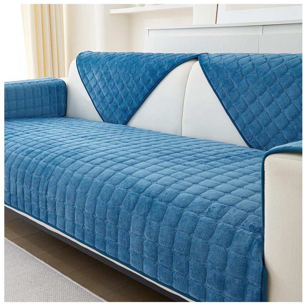 NUODWELL Thickened Sofa Slipcover 1/2/3/4 Seater, Flannel Anti-slip Sofa Protector L Shape Couch Cover Furniture Protector for Living Room (Dark Blue, 70 * 180cm)