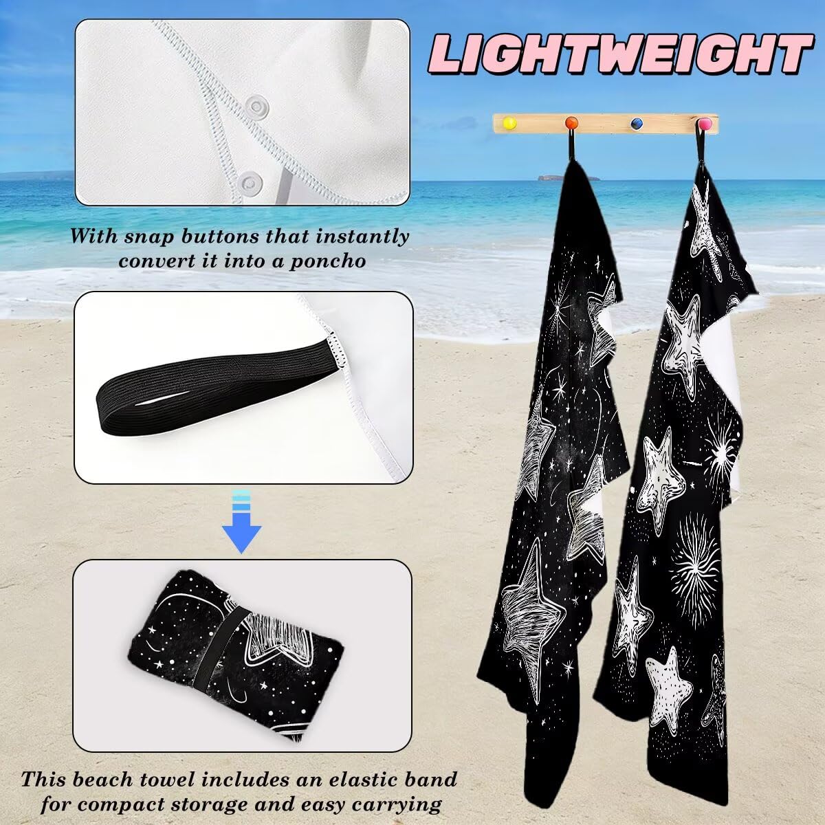 Serviette de Plage XXL 70x140 cm, Lot de 2 Serviette de Bain Microfibre, Anti Sable Serviettes Plage, Séchage Rapide Drap de Bain pour Homme Femme, Portable Fine Serviettes pour Fitness (Étoile) -4709