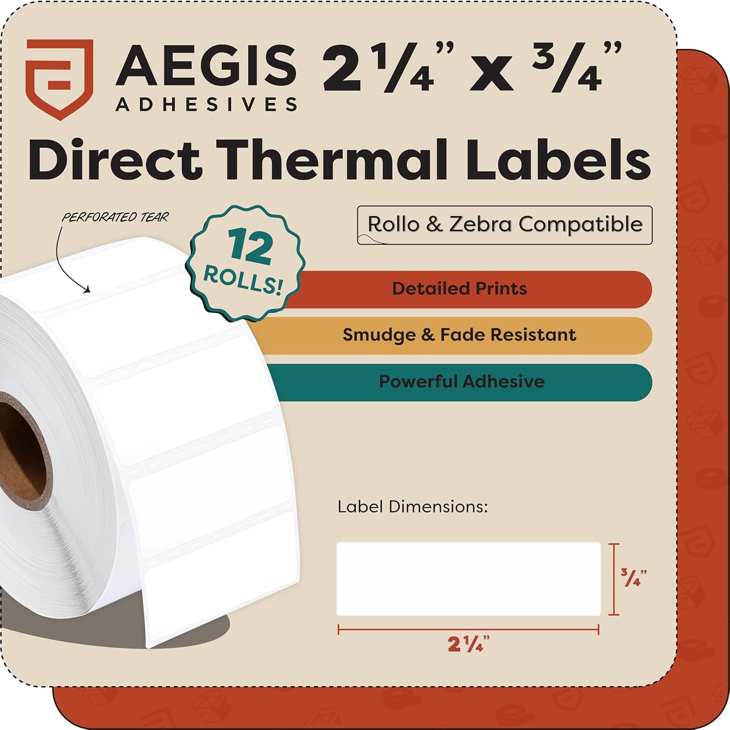 Aegis Adhesives - 2 1/4" X 3/4" Direct Thermal Labels (12 Rolls, 1700 Labels/Roll) for Barcodes, Address - Perforated, Compatible with Rollo, Zebra, and Other Desktop Label Printers - Image 2