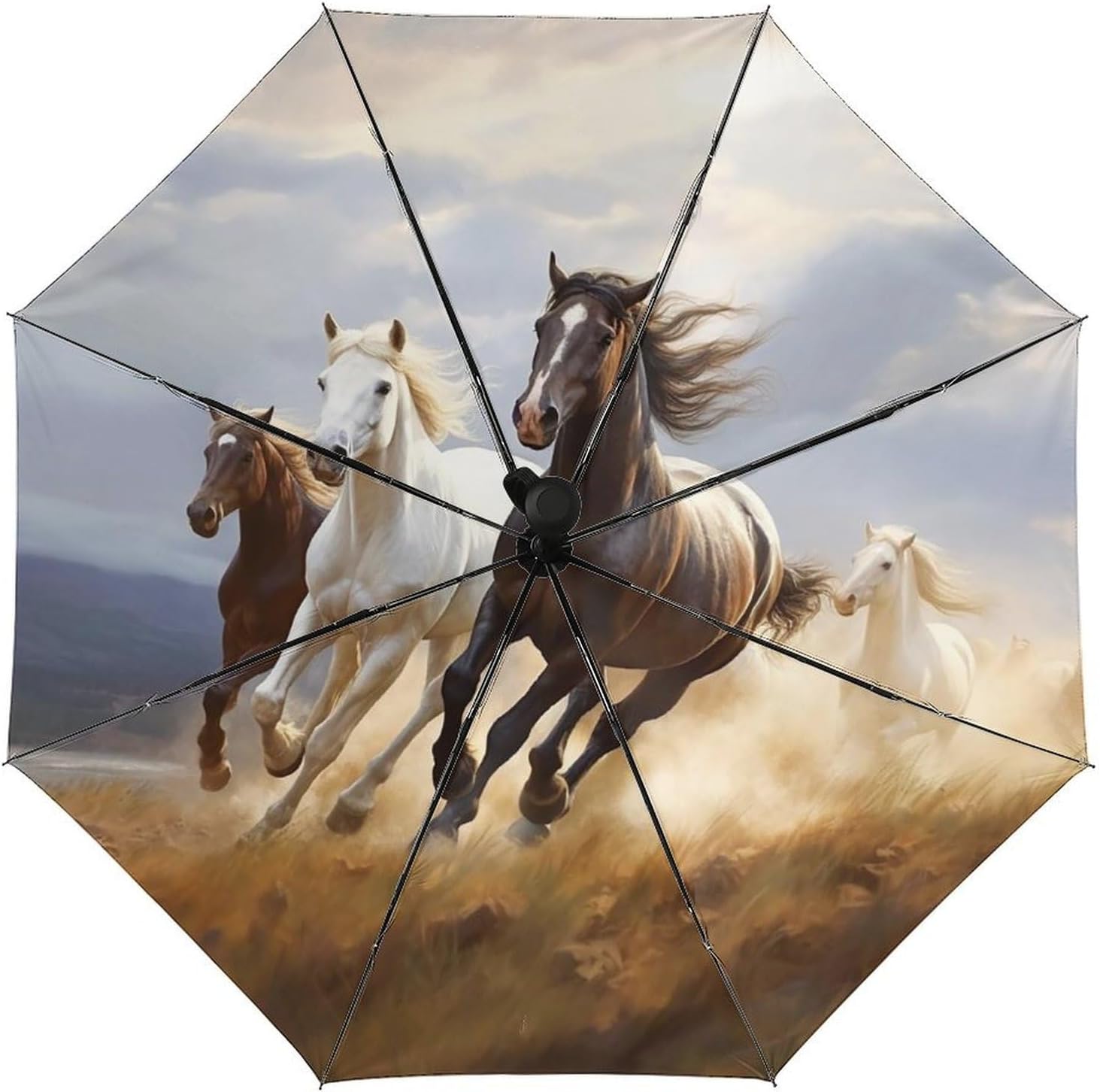 Windproof Travel Umbrella, Small Outdoor UV Umbrellas, Automatic Folding Horses Running Art Umbrella for Rain And Sun, Compact And Convenient for Women Men