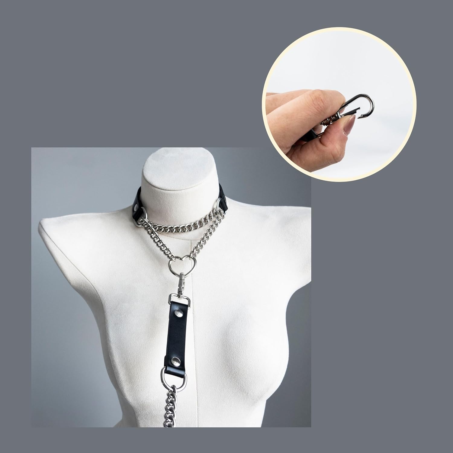 Heart O-ring Leather Choker Necklace For Women, Punk Gothic Black/Pink Slip Chain Necklace with Vegan Leather Swivel Clasp - Image 5