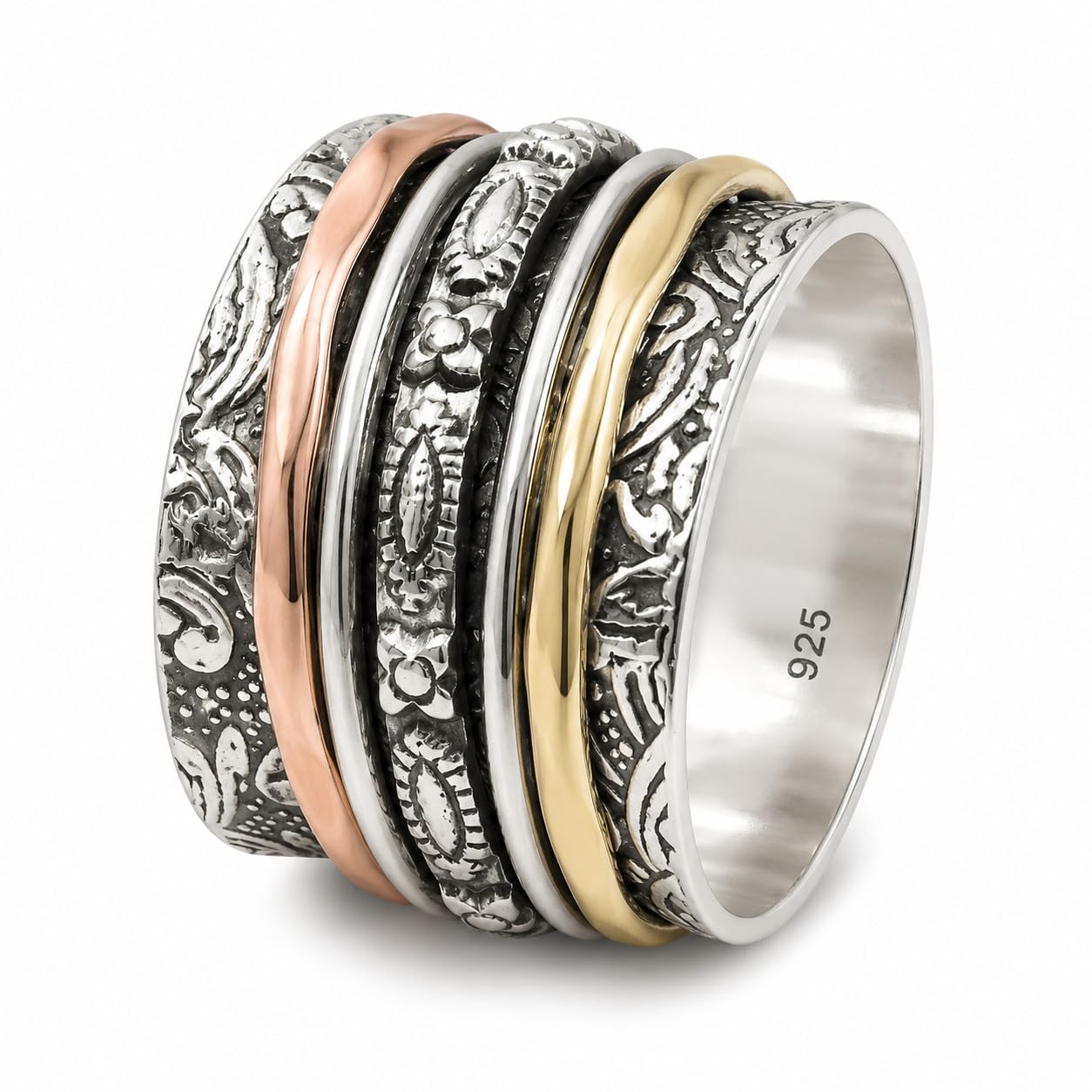 Three Tone Spinner Band Rings, Anxiety Ring for Meditaion, 925 Sterling Silver Band, Brass and Copper Spinning Ring for Women, Gift Ring for Christmas, Anelli di meditazione d'argento