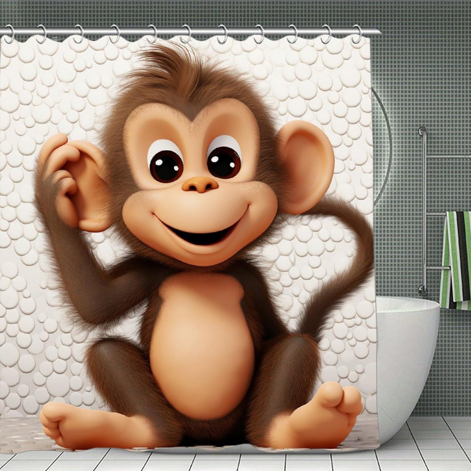 QMNLKH Cute Monkey Shower Curtain with Hooks, Waterproof Bath Curtains for Bathroom, Lightweight Bath Curtains Liner for Hotel, Personalized Bath Curtain for Spa, 70.8 Inch