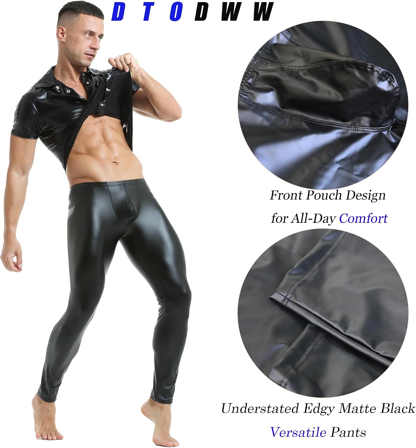DTODWW Men's Faux Leather Activewear Leggings Slim Fit Tight Pants Long PU Pants for Men Clubwear