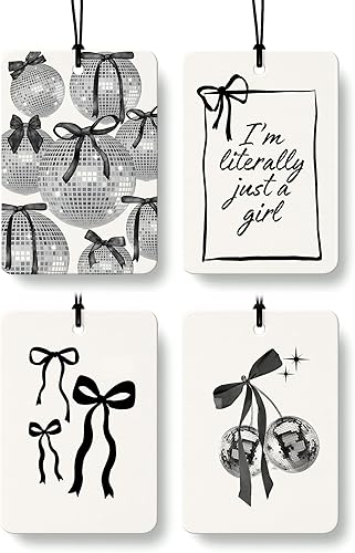 Ambientador de aire retro de colonia con lazo negro de coqueta, 4 piezas, diseño de bola de discoteca con lazo femenino preppy para colgar