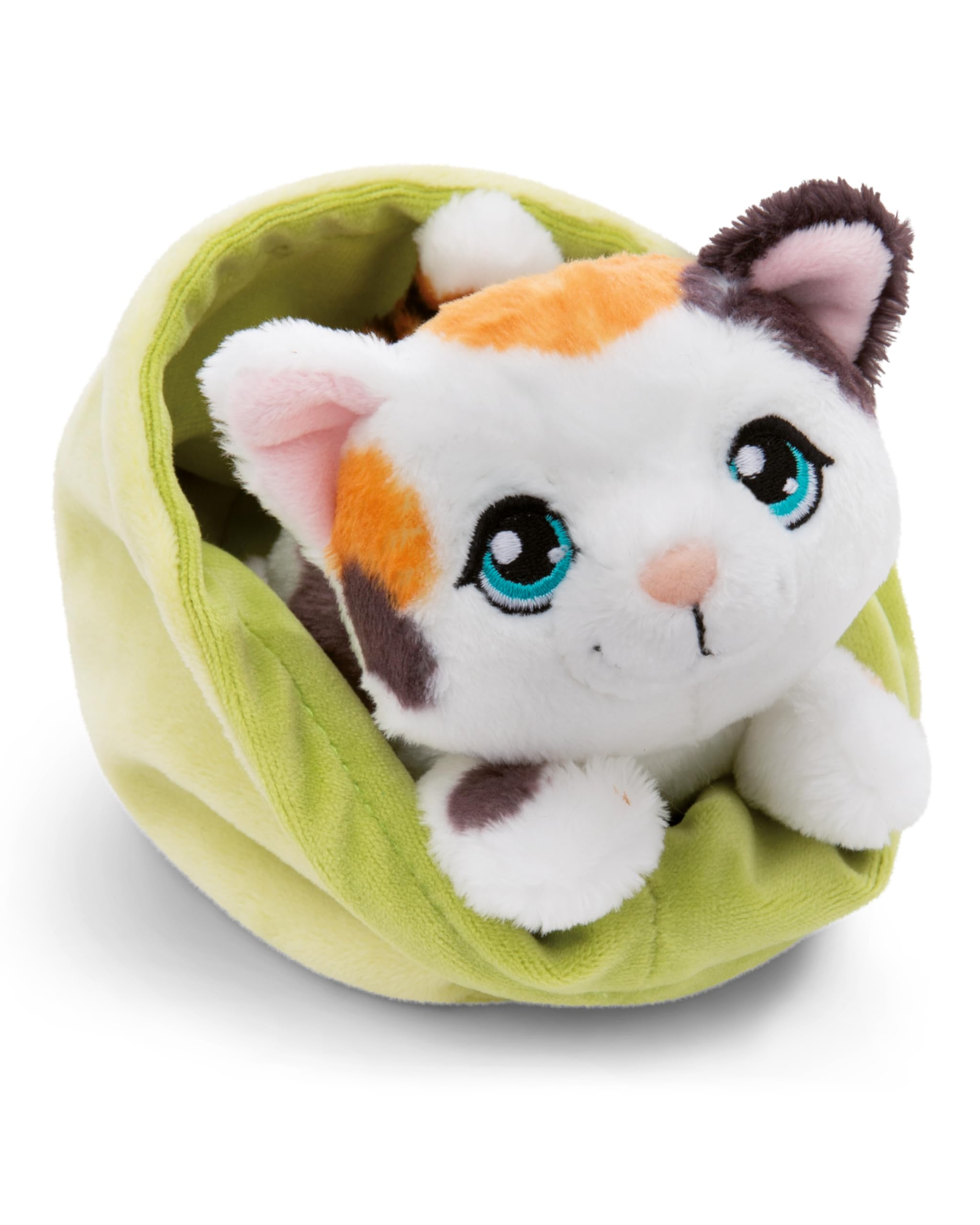 NICI Little Paws Kuscheltier Katze 12cm gefleckt im hellgrünen Körbchen - Flauschiges Stofftier, Plüschtier zum Kuscheln, Spielen und Liebhaben - 61332