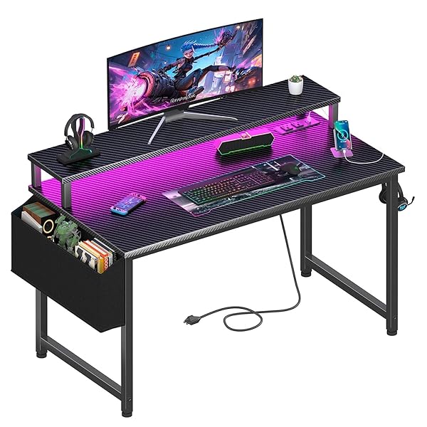 Lufeiya Black Gaming Desk with LED Lights and Power Outlets, 40 Inch Teen Writing Study Table Home Office Desks with Monitor Stand, Computer Desk with Charging Station USB Port, Black