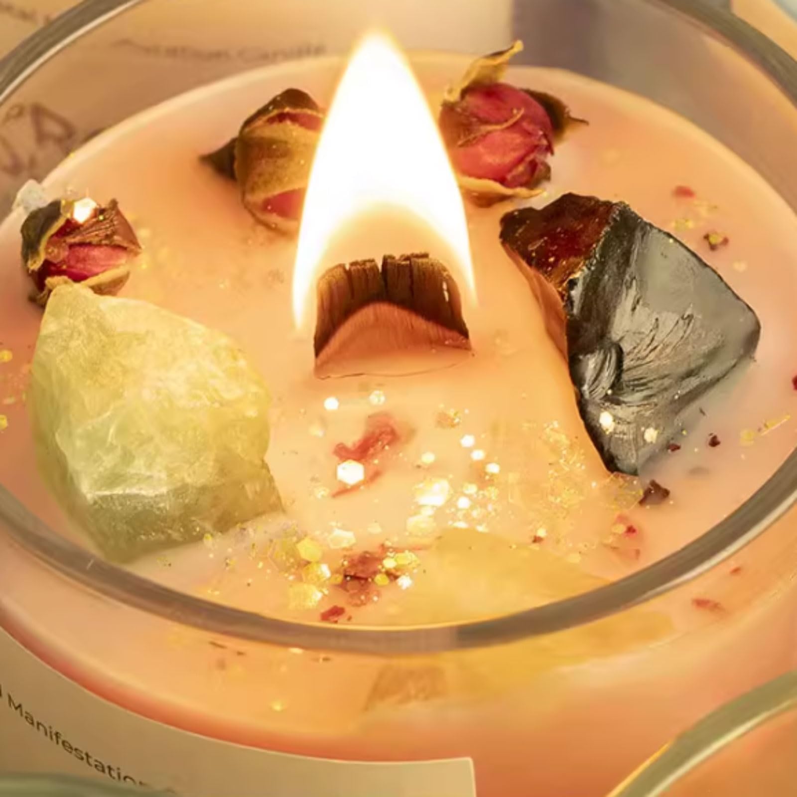 Compacto Velas de vidrio, velas en tarro reutilizables con cristales y flores secas, vela de soja Natural, vela de aromaterapia de larga duración no es picante(Lila)