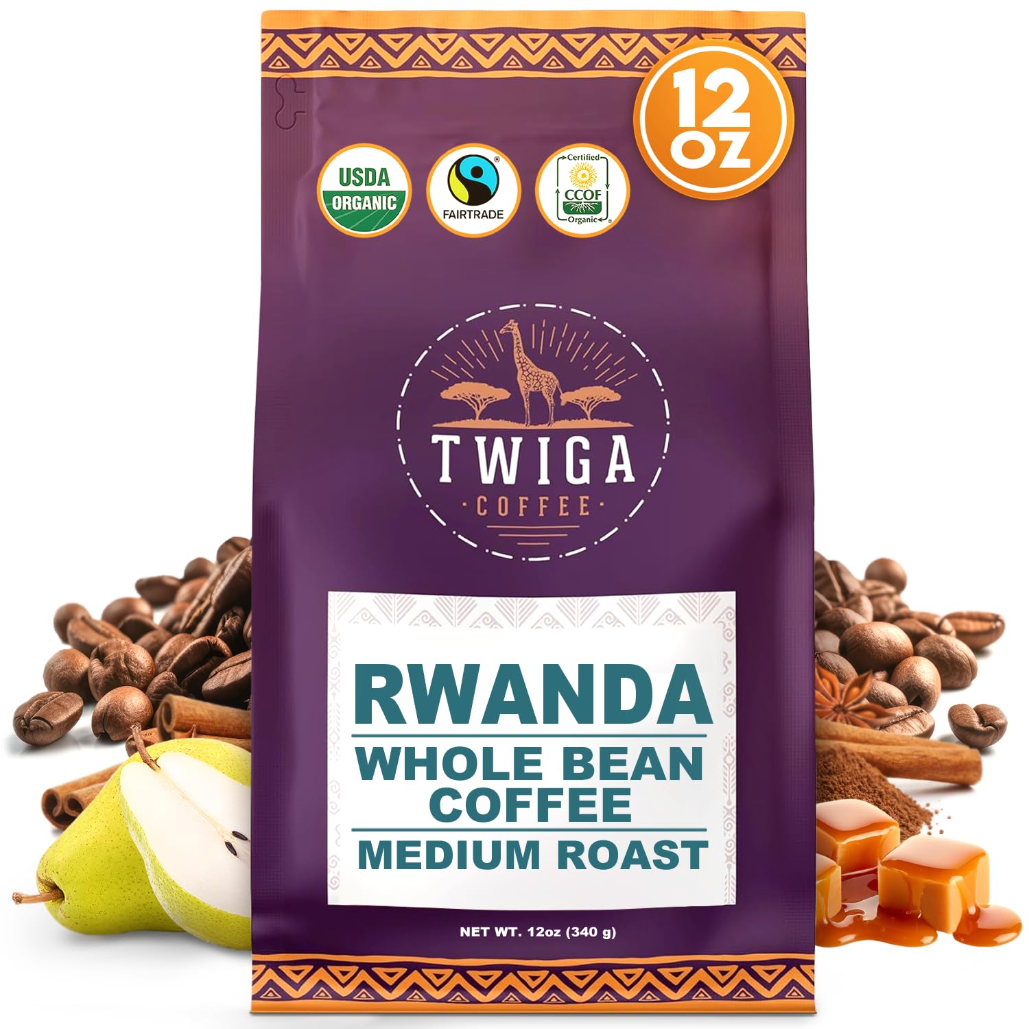 Twiga Coffee Rwandan Whole Bean – Organic Medium Roast Arabica with Caramel, Cinnamon & Citrus Flavor Notes – Single Origin Fresh Roasted Rwandan Coffee for a Smooth, Bold Cup – 12 oz