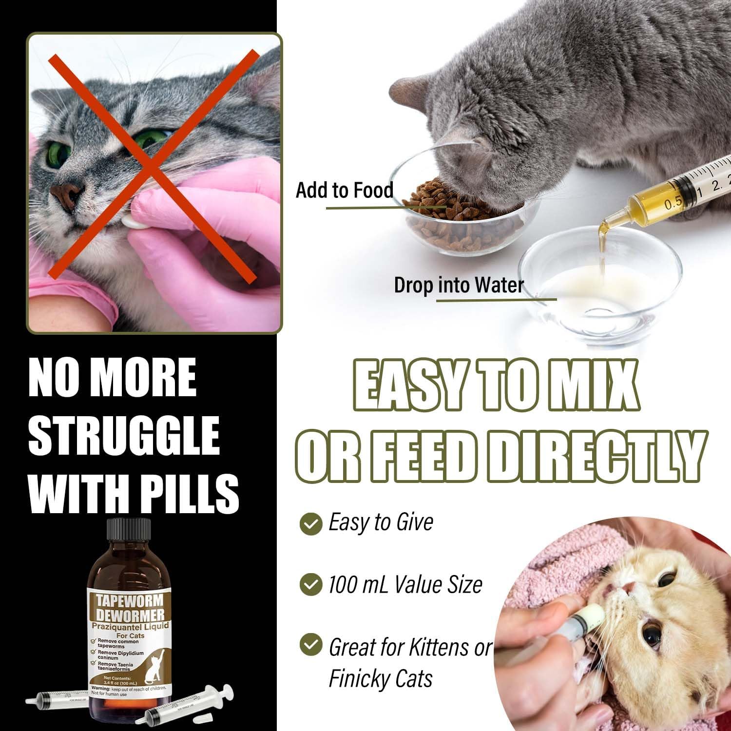 Tapeworm Dewormer for Cats & Kittens – Praziquantel Liquid 100 mL for Cats 6 Weeks & Older, Include 3 ml Dropper with Cap