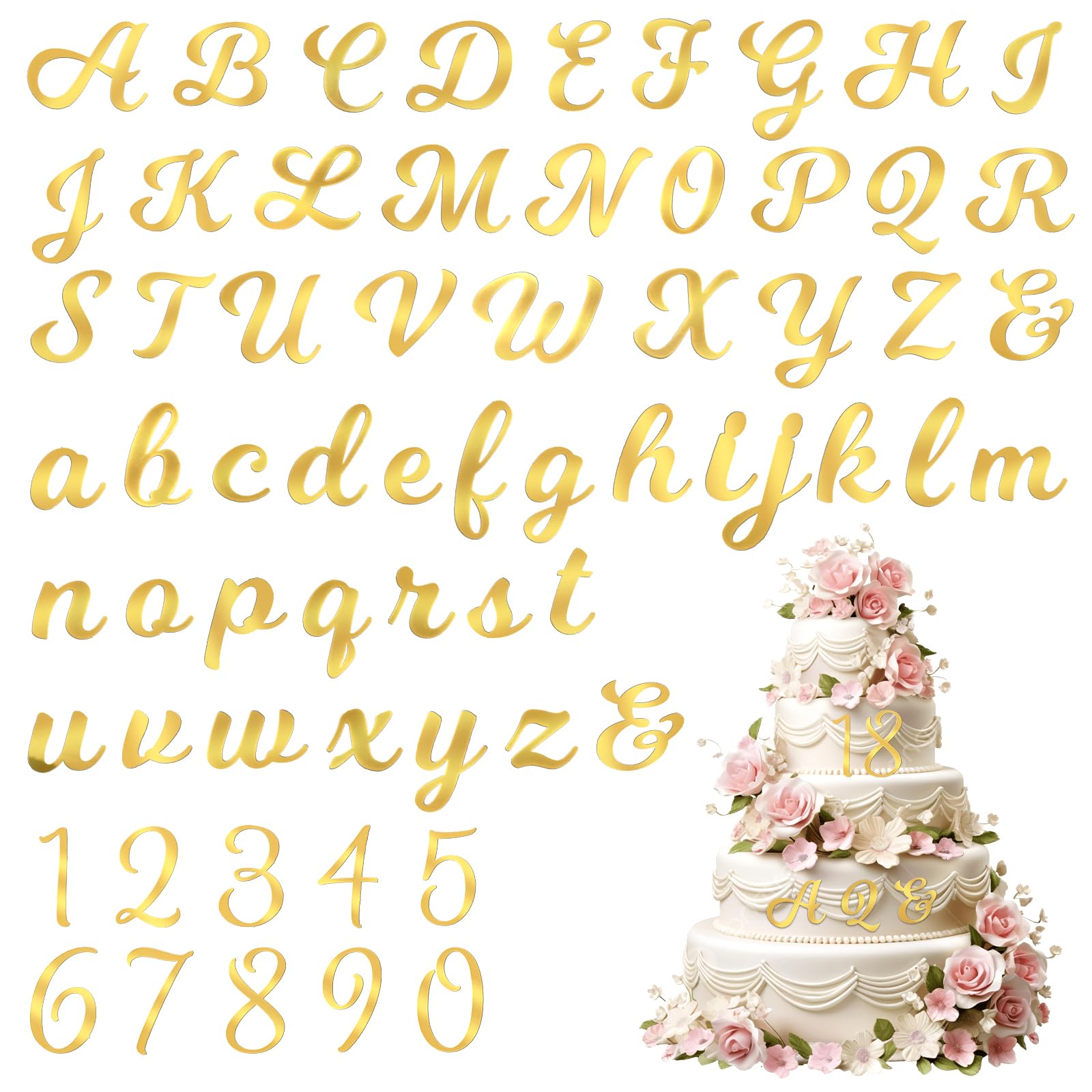64 Pcs Cake Letters, Gold Acrylic Letters for Cake, A-Z Letter, 0-9 Number Custom Cakes Topper for Wedding Anniversary Birthday Supplies (Gold)