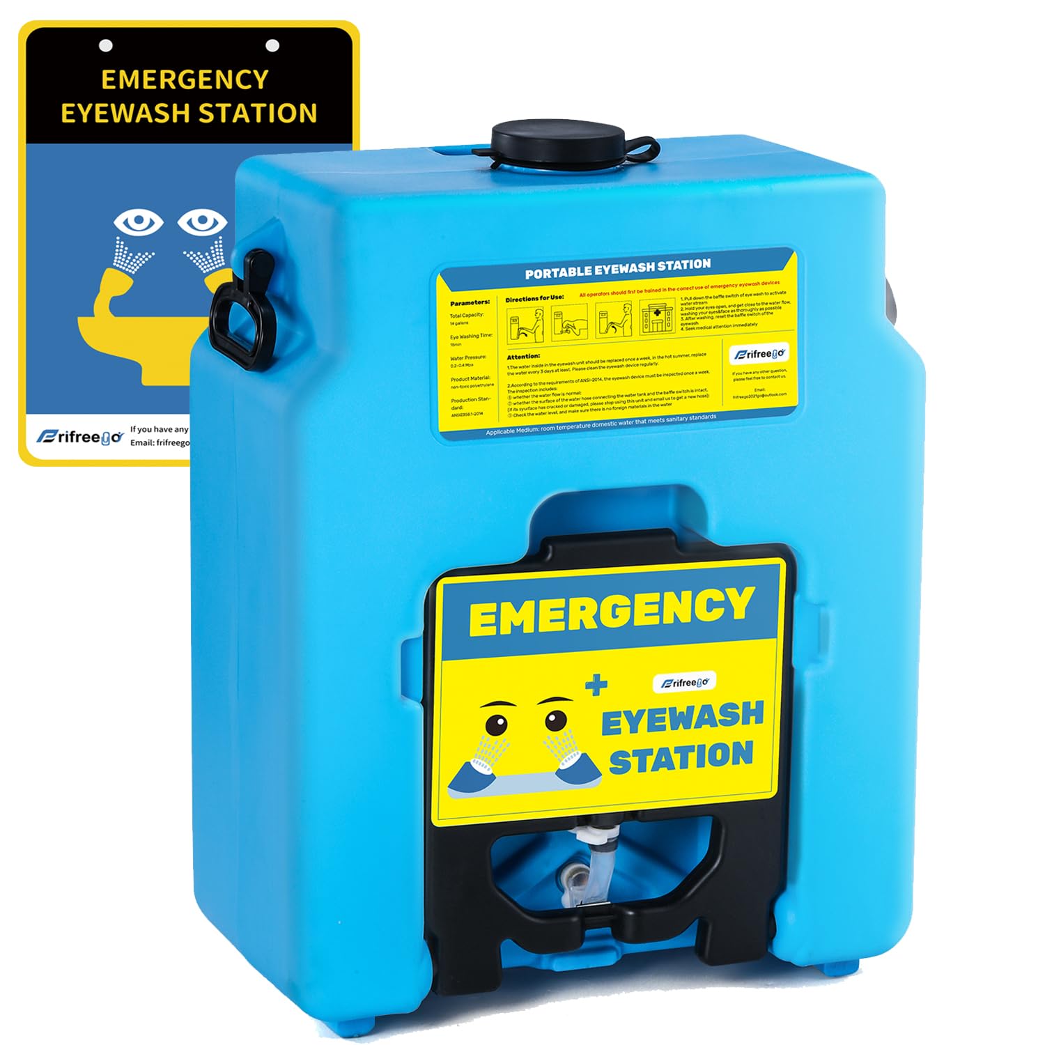 Photo 1 of Frifreego Portable Eye Wash Station Emergency Eyewash Station, Wall Mounted Heavy Duty Eyewash Station, Mobile Eye Wash Station OSHA Approved, 14 Gallons, with Emergency Sign, Blue (Upgrade Model) Blue, Upgrade