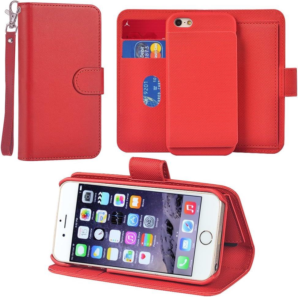 UrSpeedtekLive iPhone 5/5S/SE Detachable Wallet Case, Premium Vegan Leather Folio Flip Kickstand Case Cover with Card Slot, Wrist Strap, Magnetic Closure for Apple iPhone 5/5S/SE,Red
