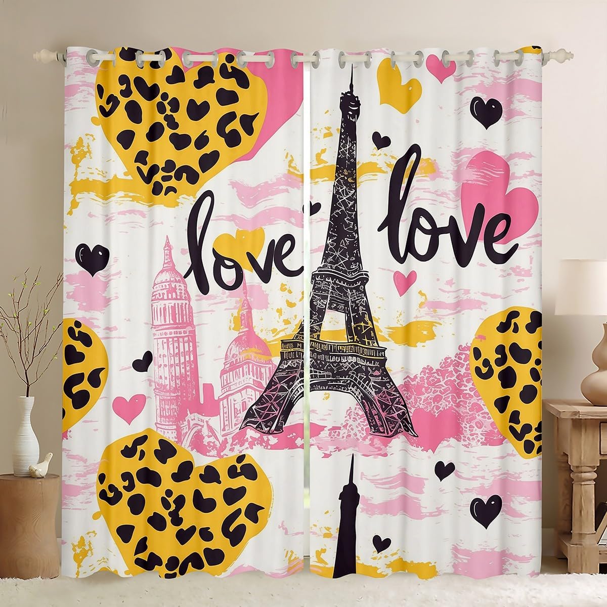 Manfei Eiffel Tower Curtains,Kids Adults Teens Room Decor Leopard Hearts Graffiti Boys Girls Window Treatment Curtain,Romantic Paris Window Drapes,Top 2 Panel,38Wx45L
