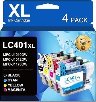 LC401XL LC401 Ink Cartridges Replacement for LC401XL Ink Cartridges for Brother Printer Compatible with Brother MFC-J1010DW MFC-J1012DW MFC-J1170DW Printer Black Cyan Magenta Yellow, 4 Pack