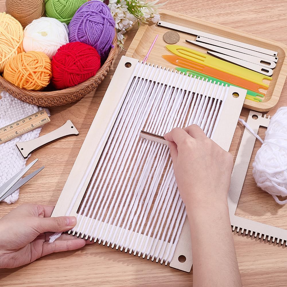 CRAFTYMELODY 15Pcs Wood Weaving Loom Kit Rectangle Small Weavings Looms Kit Wooden Woven Braiding Disk Macrame Board Kumihimo Beading Cord Disk Blanched Almond for Adult Home Weaving Projects