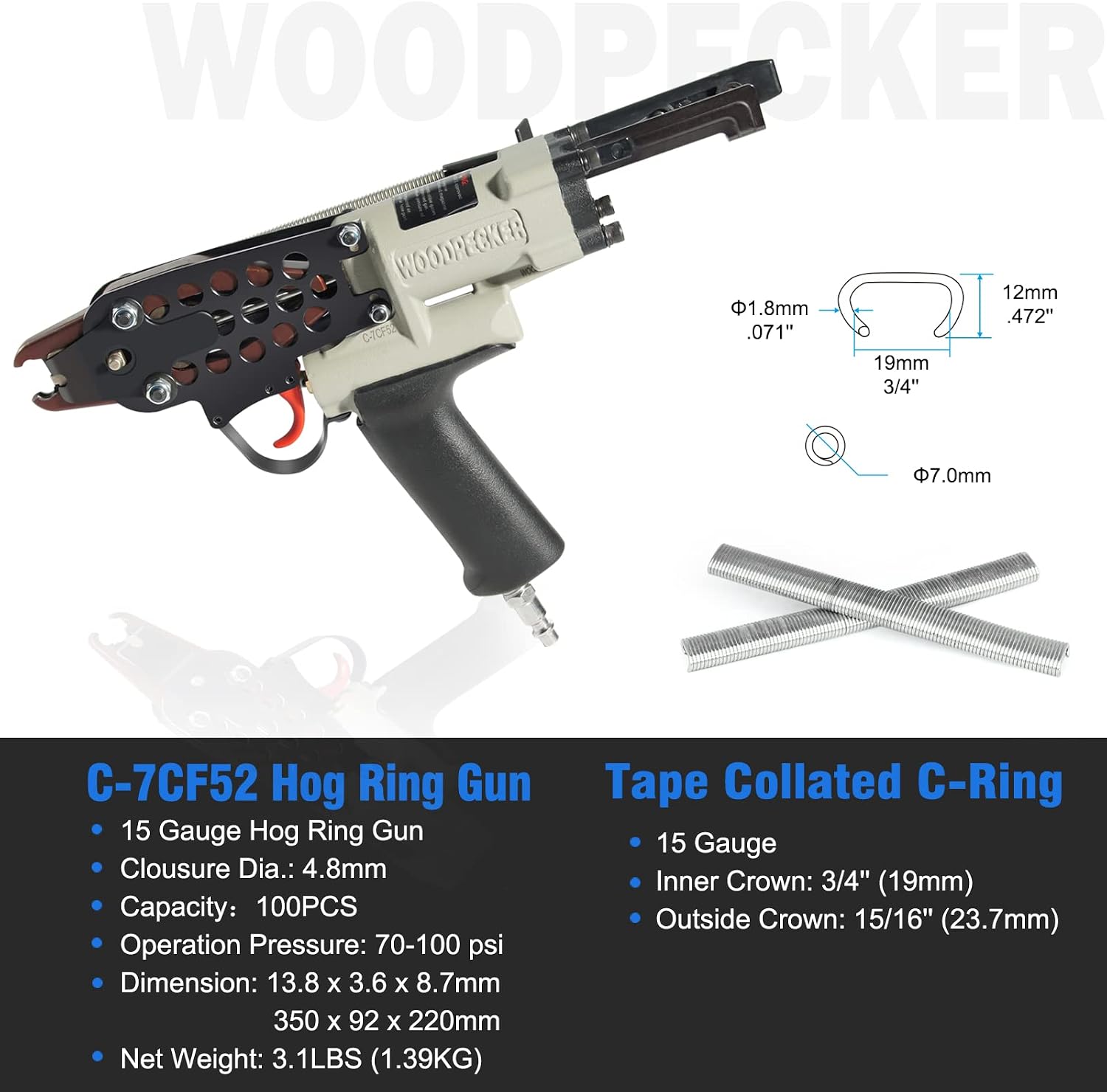 WOODPECKER C-7CF52 15 Guage 3/4-Inch Hog Ring Gun, 4.8mm (3/16-Inch) Closure Diameter Pneumatic Hog Ring Plier Tool for Wire Cages, Seat Making, Fencing