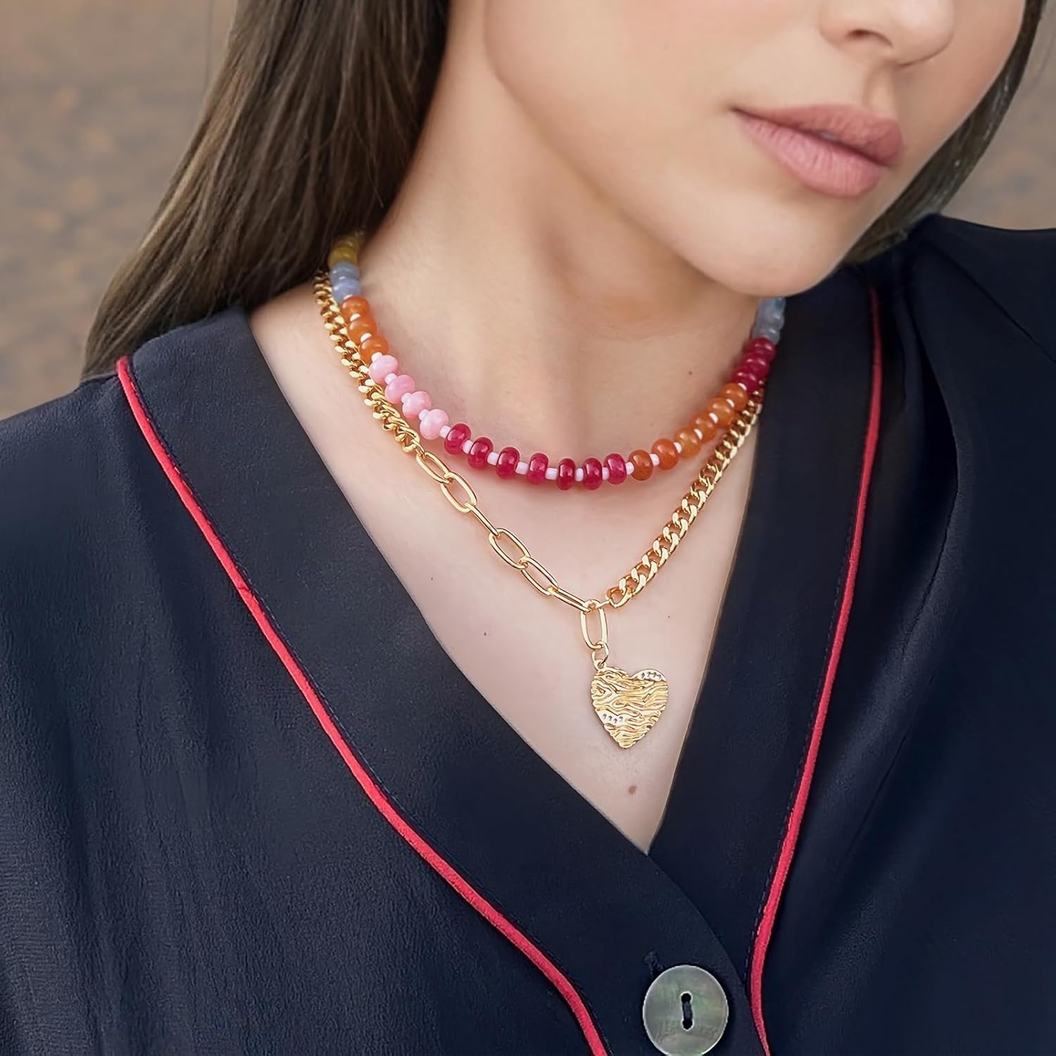 ORIGENCE Beaded Necklaces for Women Boho Beaded Choker Rainbow Gemstone Necklace, Colorful Natural Stone Necklaces for Women Tarnish Free Handmade Summer Jewelry Gift
