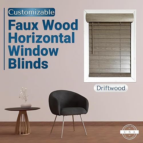 Miniatura 2 de Persianas horizontales de madera sintética personalizables, inalámbricas, listones de grano de madera impresa de 2 pulgadas, color madera flotante