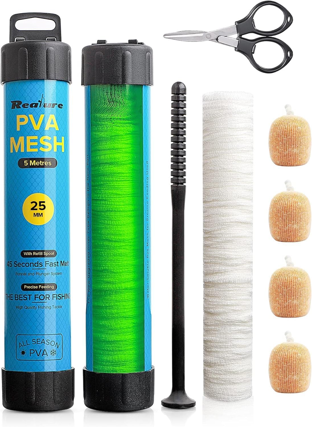 Realure 5M PVA Mesh Kit with Scissors 18mm 25mm 37mm 44mm Wide PVA Mesh Carp Fishing Accessories with Funnel & Plunger System Fast Melt Bag Fishing Refill for Boilie Bait Feeding (5M, 25mm)
