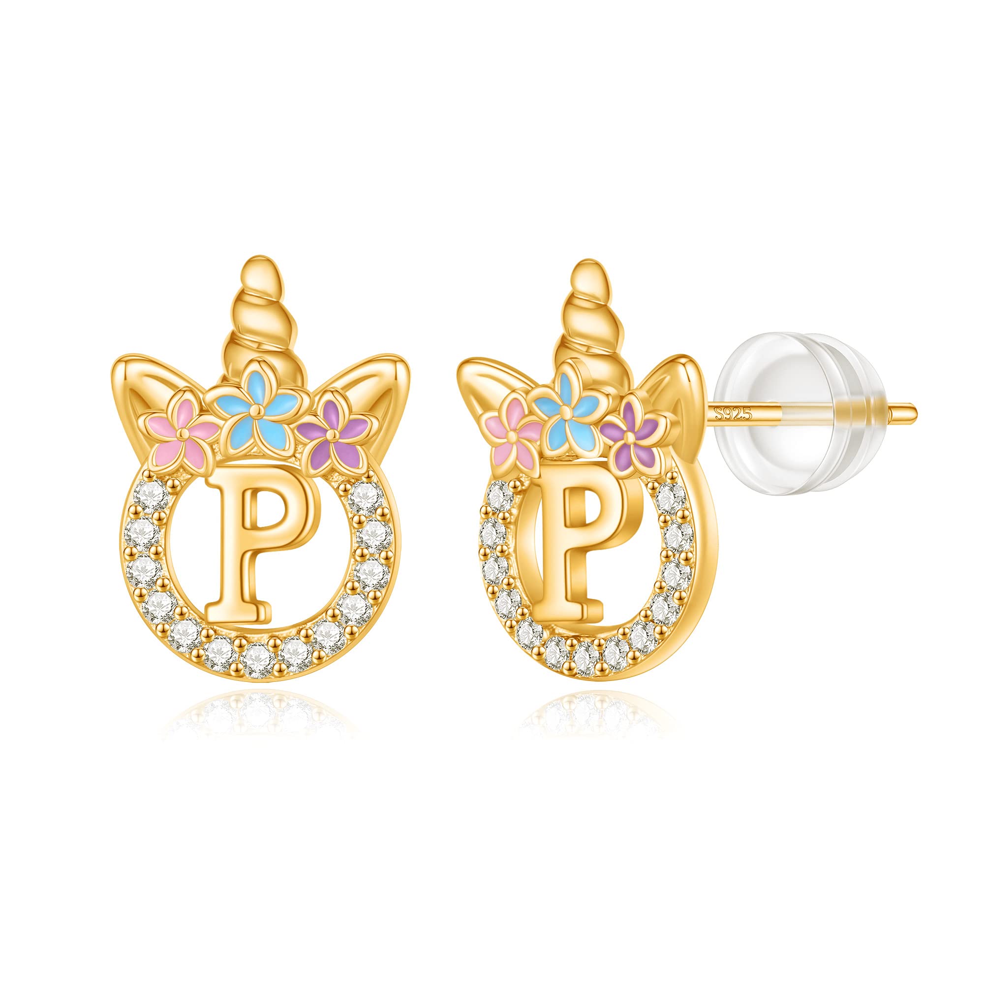 Unicorn Earrings Gifts for Girls - 925 Sterling Silver Stud Earrings Hypoallergenic Initial Unicorn Earring for Girls Kids Jewelry CZ Birthday Gifts