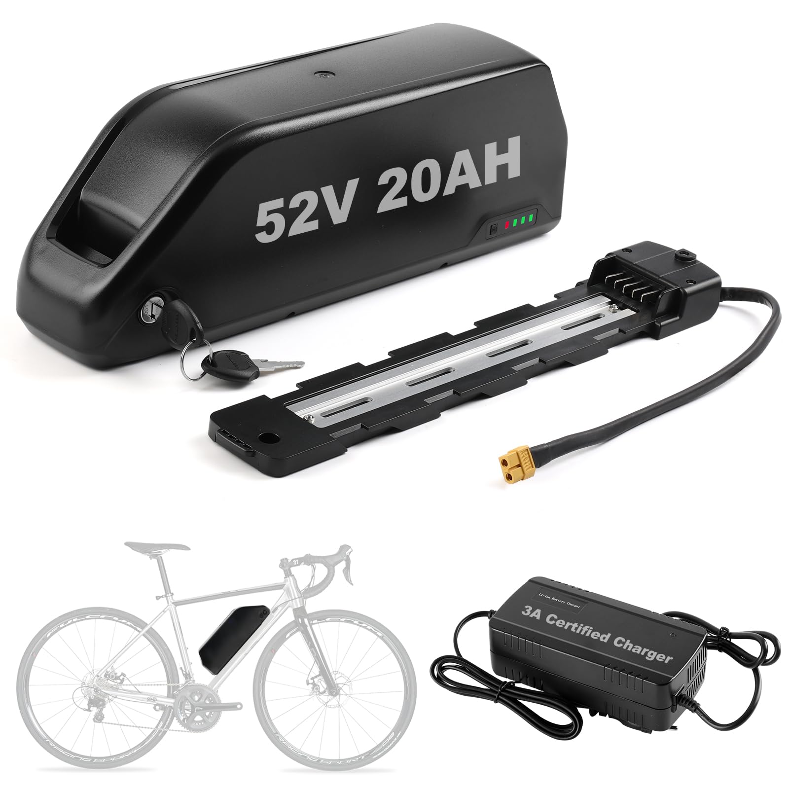 52V 20AH Batteria per Bicicletta Elettrica con Caricatore Rapido da 3A, Hailong Batteria Agli Ioni di Litioper Bici Elettrica Sul Tubo Obliquo, con Piastra di Base a 5 Pin