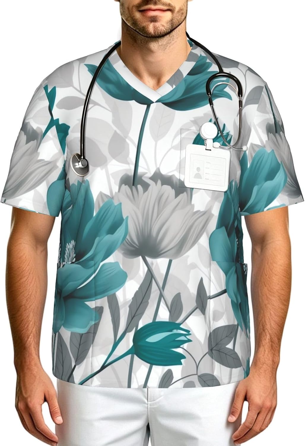 Professional Scrub Tops for Men, Classic V-Neck Workwear with 3 Pockets