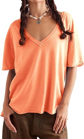 Womens Oversized T Shirts Loose Fit V Neck Short Sleeve Tops Summer Casual Blouse Trendy 2025 Basic Tee Orange